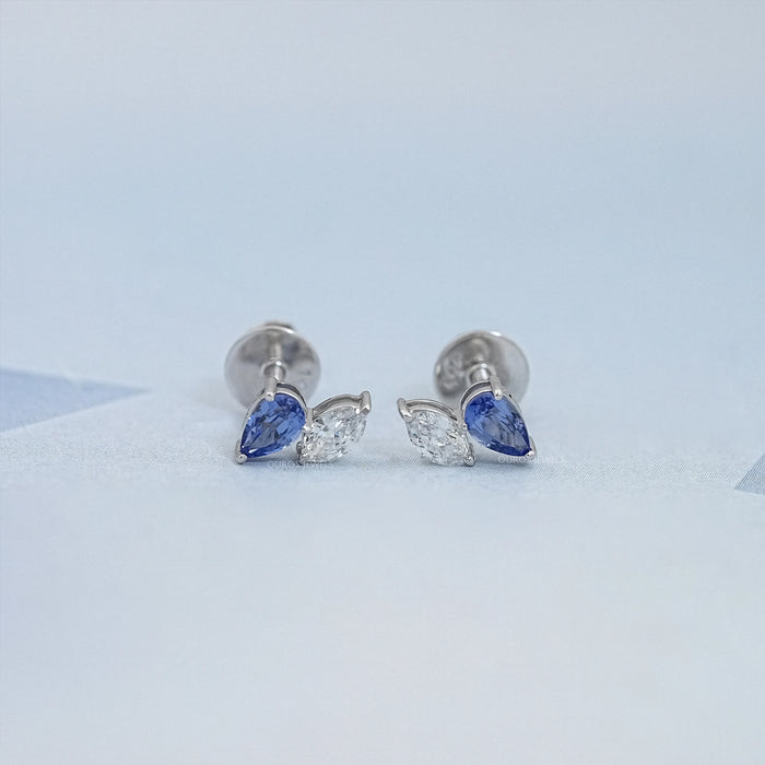 Two Stone Sapphire Pear And Marquise Diamond Stud Earrings