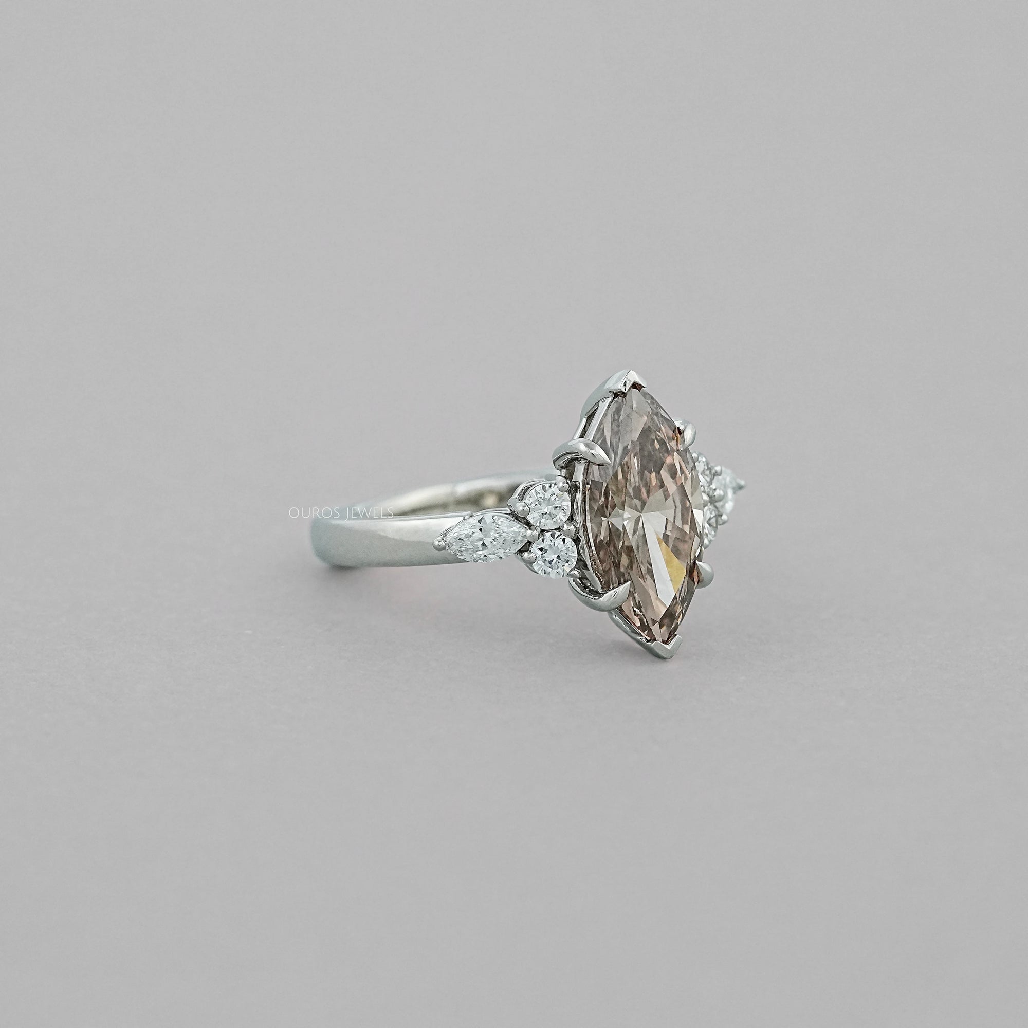 Champagne Marquise Lab Diamond Solitaire Accent Ring Rings
