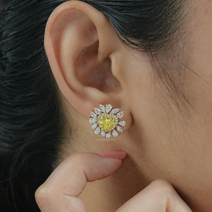 Yellow Heart Lab Diamond Double Halo Stud Earrings