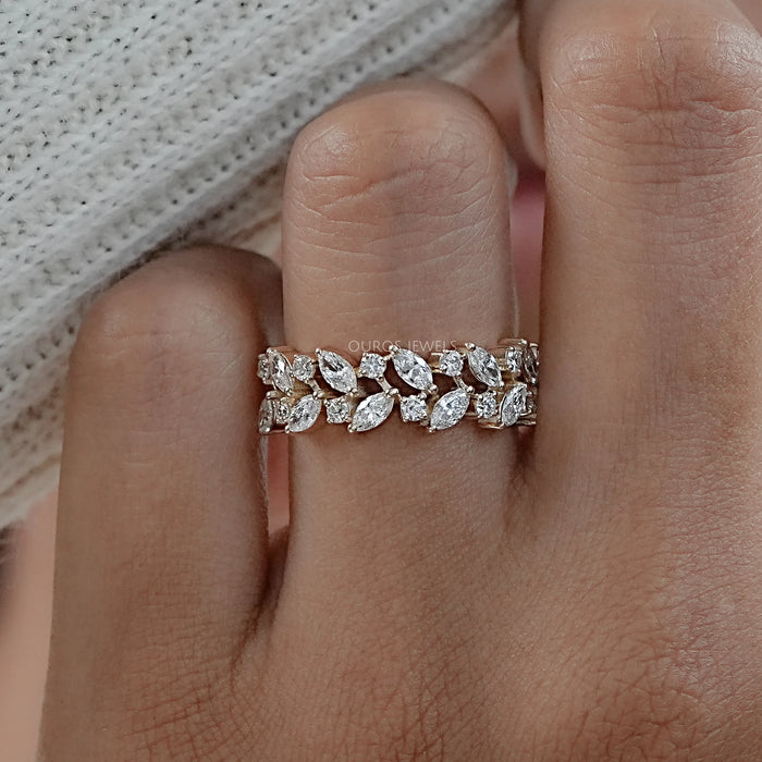 Two Row Round And Marquise Cut Lab Grown Diamond Half Eternity Ring
