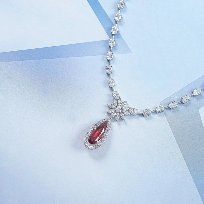 Pear Ruby & Oval Lab Diamond Bridal Necklace With Diamond Accents 