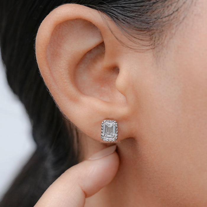 Emerald Cut Lab Diamond Milgrain Set Stud Earrings