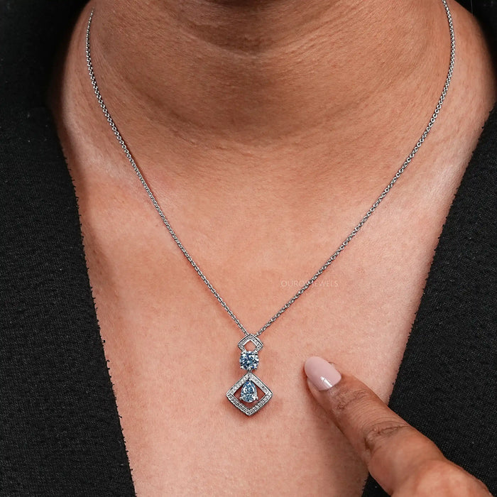 Blue Pear Diamond Halo Floating Pendant