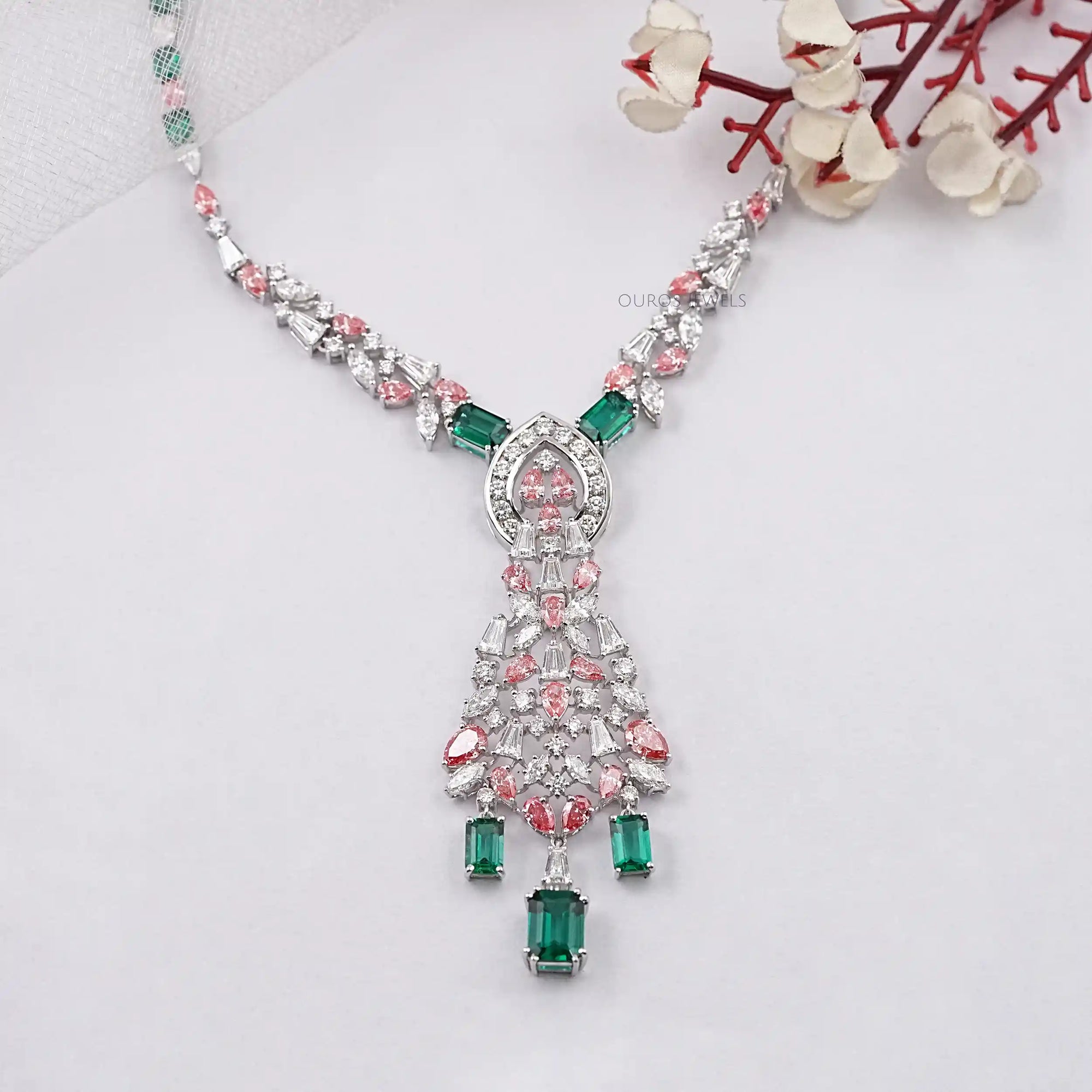Green Emerald & Pink Pear Diamond Wedding Necklace