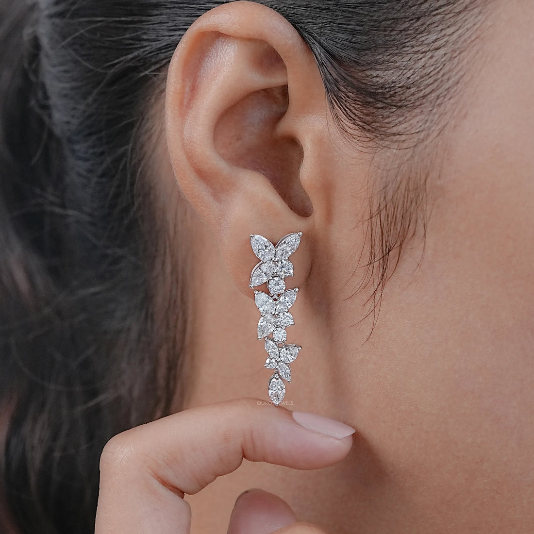 Multi Shape Diamond Dangle Drop Cluster Earrings