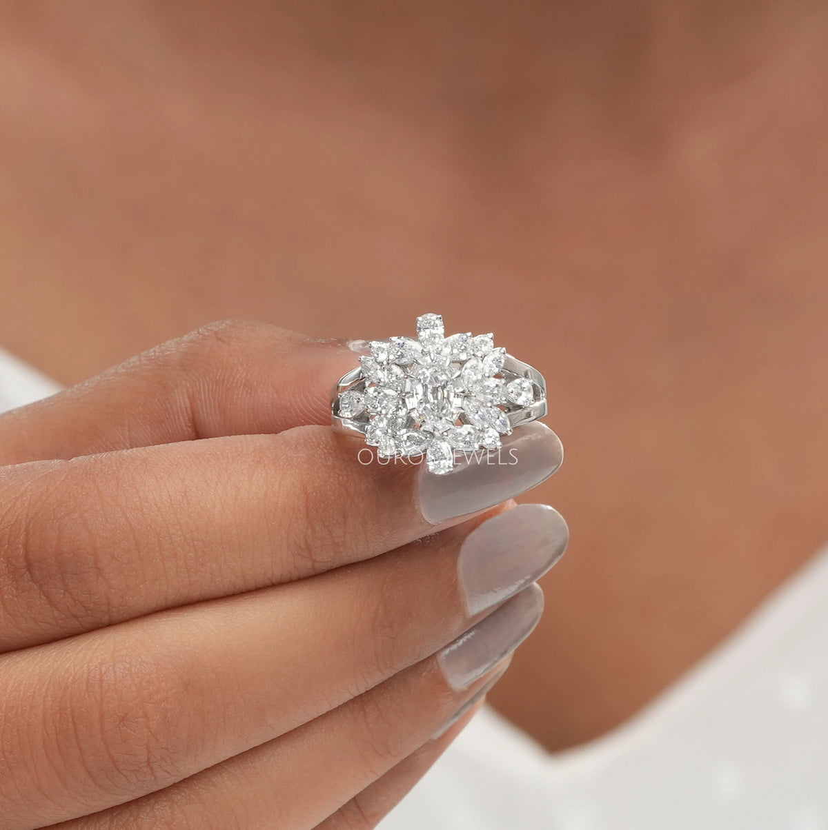 Step Cut Oval Diamond Cluster Engagement Ring