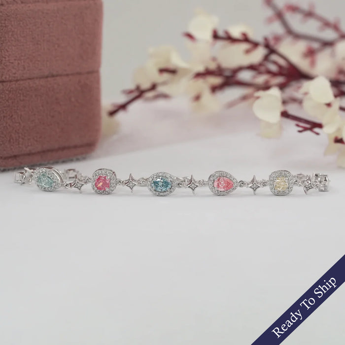 Multi Shape Color Diamond Halo Link Bracelet