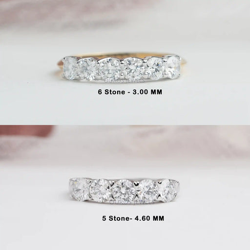 front view of round cut lab diamond five and six stone wedding rings