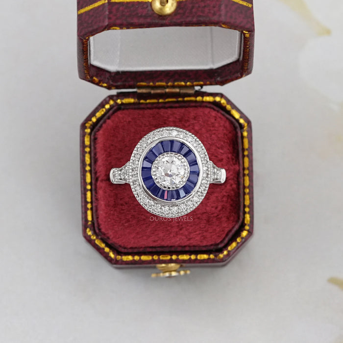 OEC Diamond with Blue Tapered Baguette Double Halo Ring