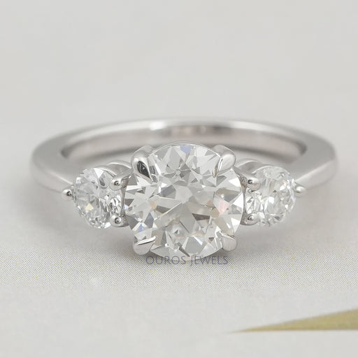 front view of old european round cut diamond three stone engagement ring