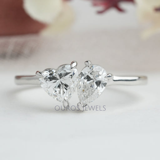 front view of heart and pear-cut lab diamond toi et moi engagement ring