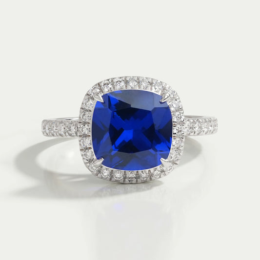 Blue Sapphire Cushion Halo Diamond Ring