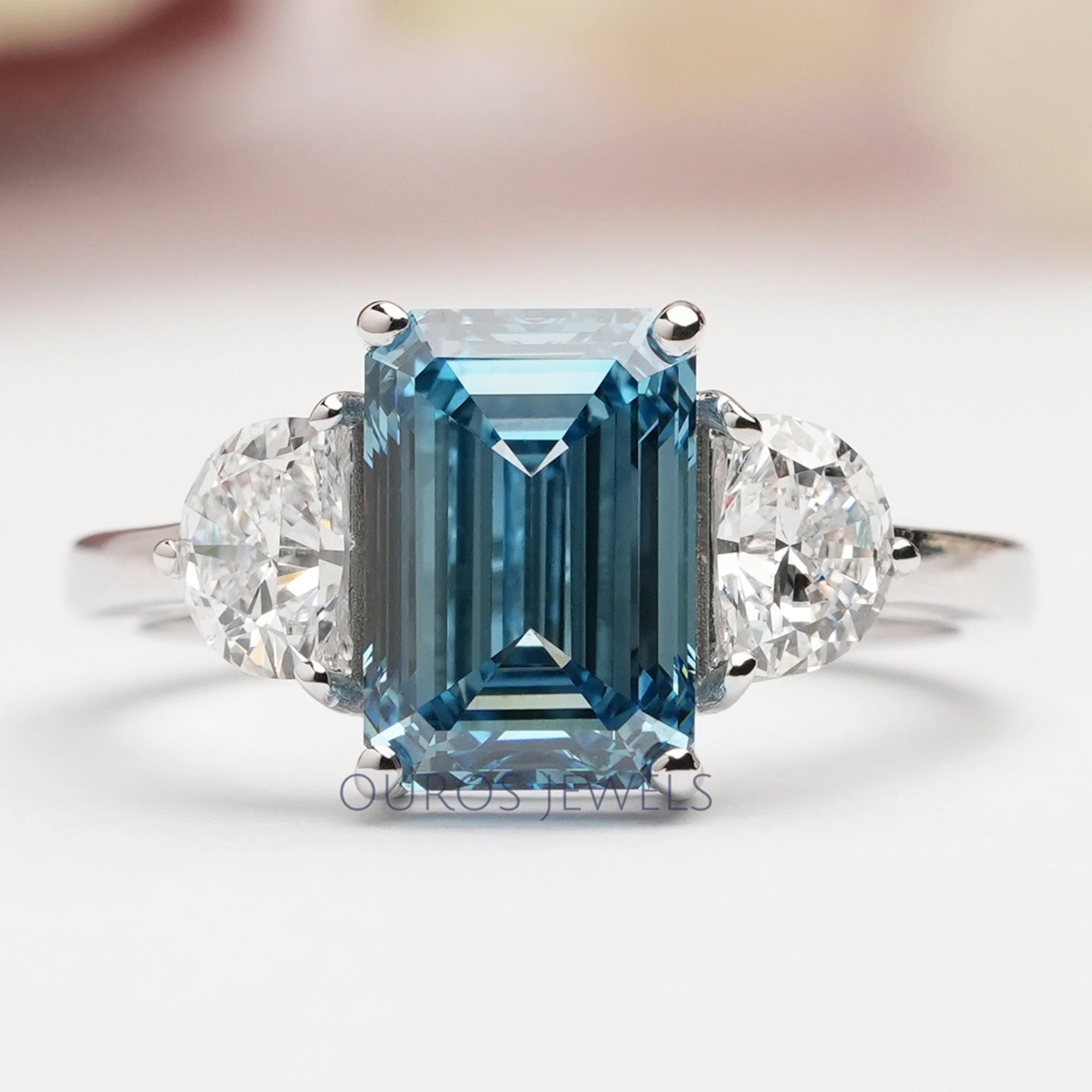 Blue Emerald Three Stone With Half Moon Cut Ring Ring