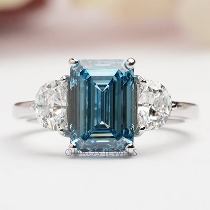 Blue Emerald Three Stone With Half Moon Cut Ring Ring