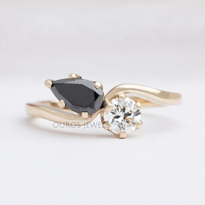 Black Pear Gemstone with White Round Diamond Two Stone Ring