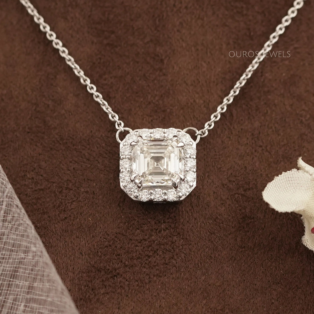 Asscher Cut Lab Diamond Halo Pendant Necklaces