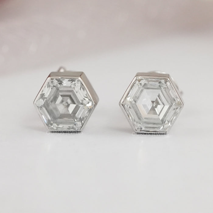 Bezel Set Hexagon Diamond Stud Earrings