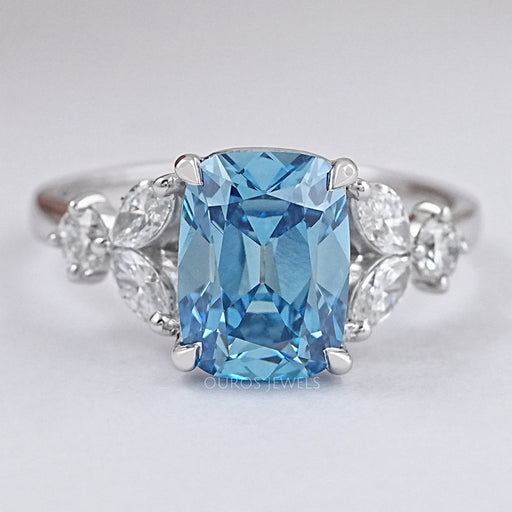 front view of fancy blue old mine cushion-cut lab diamond colored engagement ring