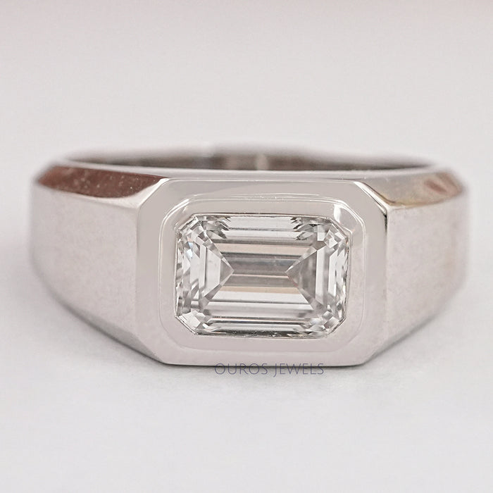 front view of emerald cut lab diamond men's white gold wedding band
