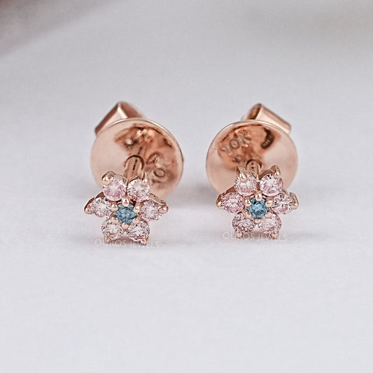 Pink & Blue Round Diamond Floral Earring Pink Earring