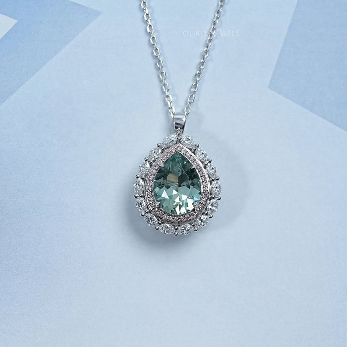 Aquamarine Pear Gemstone Double Halo Pendant 