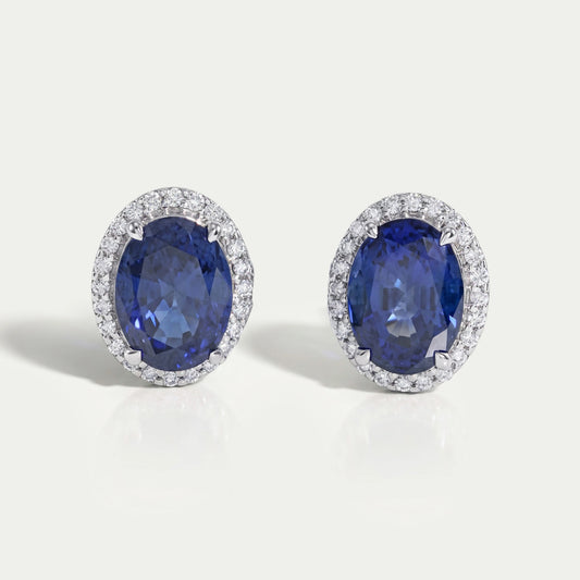 Blue Oval Sapphire Gemstone With Lab Diamond Halo Earring 