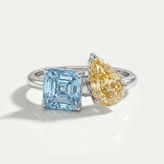 Asscher and Pear Toi Et Moi With Hidden Halo Ring