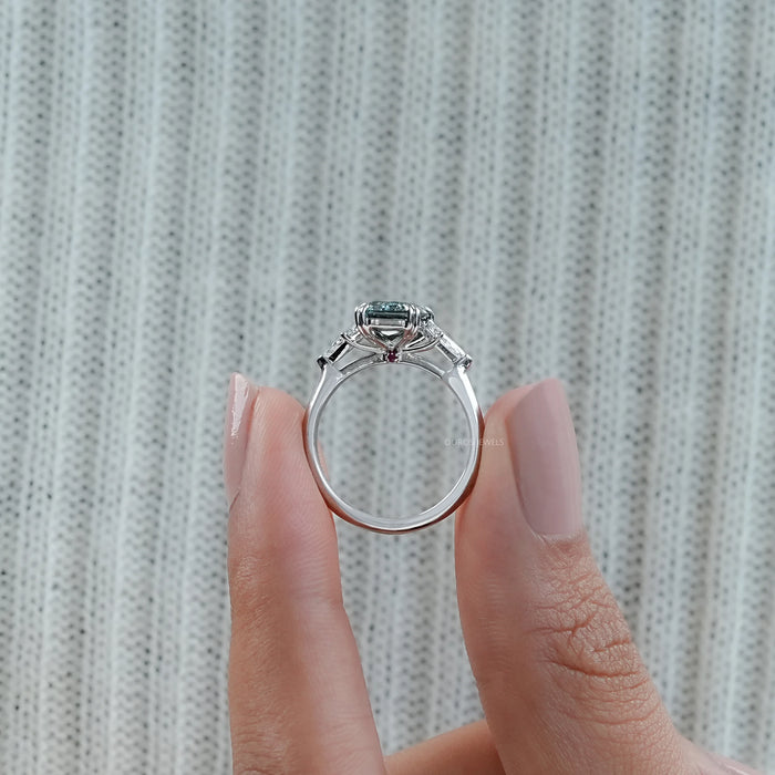 Green Scissor And Kite Cut Lab Diamond Three Stone Ring 