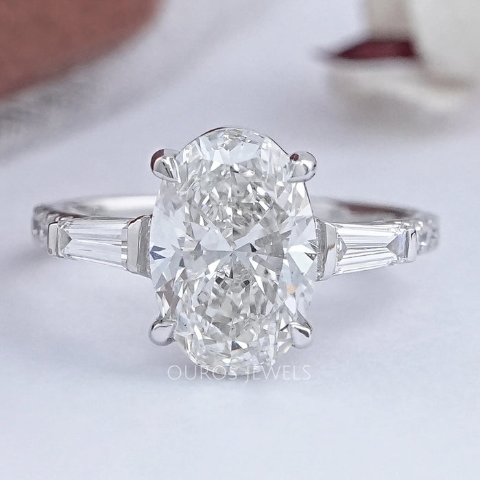 Oval & Tapered Baguette Cut Diamond Three Stone Engagement Ring 