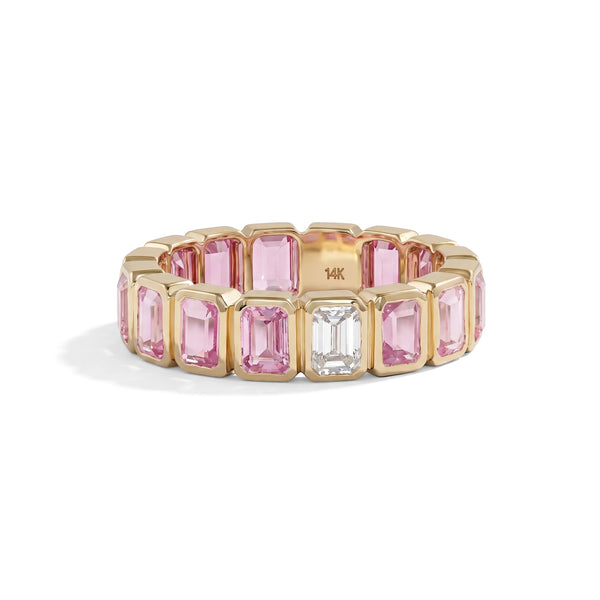 Pink Emerald Cut Sapphire With Lab Diamond Bezel Set Eternity Band