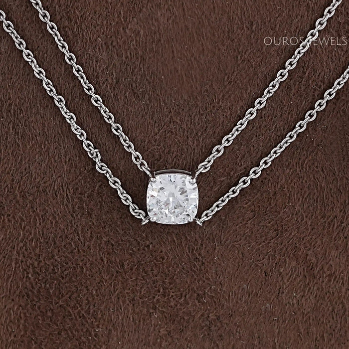 Cushion Cut Lab Diamond Solitaire Pendant With 2 Layer Chain Necklace 