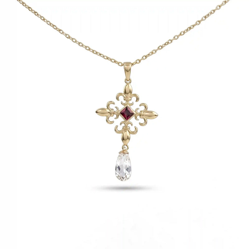 Ruby Gemstone Fleur De Lis Necklace with Briolette Cut Diamond