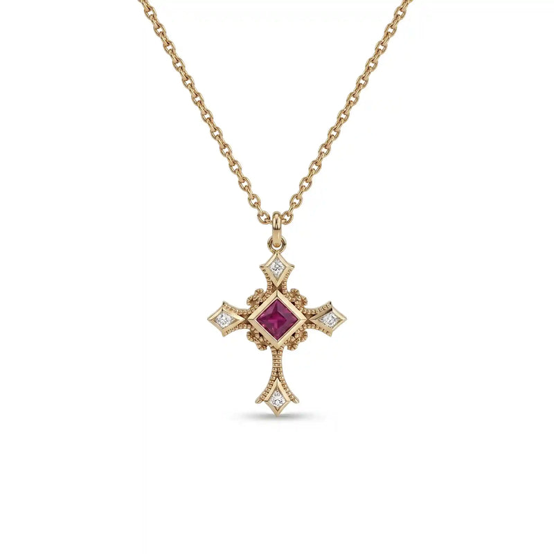 Ruby Gemstone Fleur De Lis Necklace with Briolette Cut Diamond