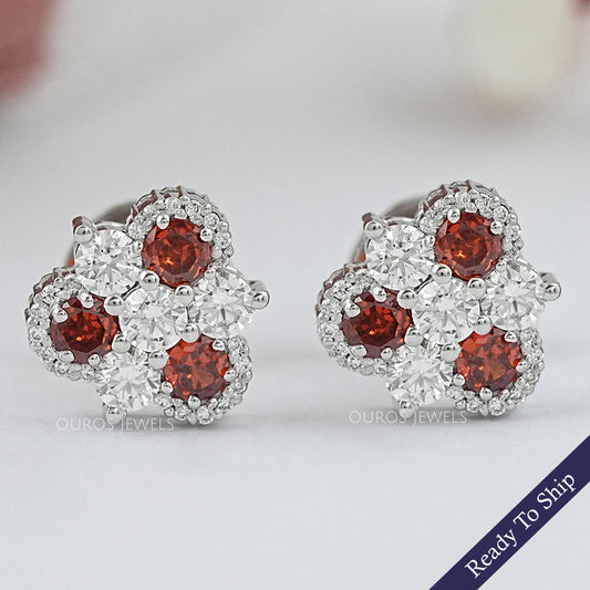 Red Ruby Three Stone Stud Earring