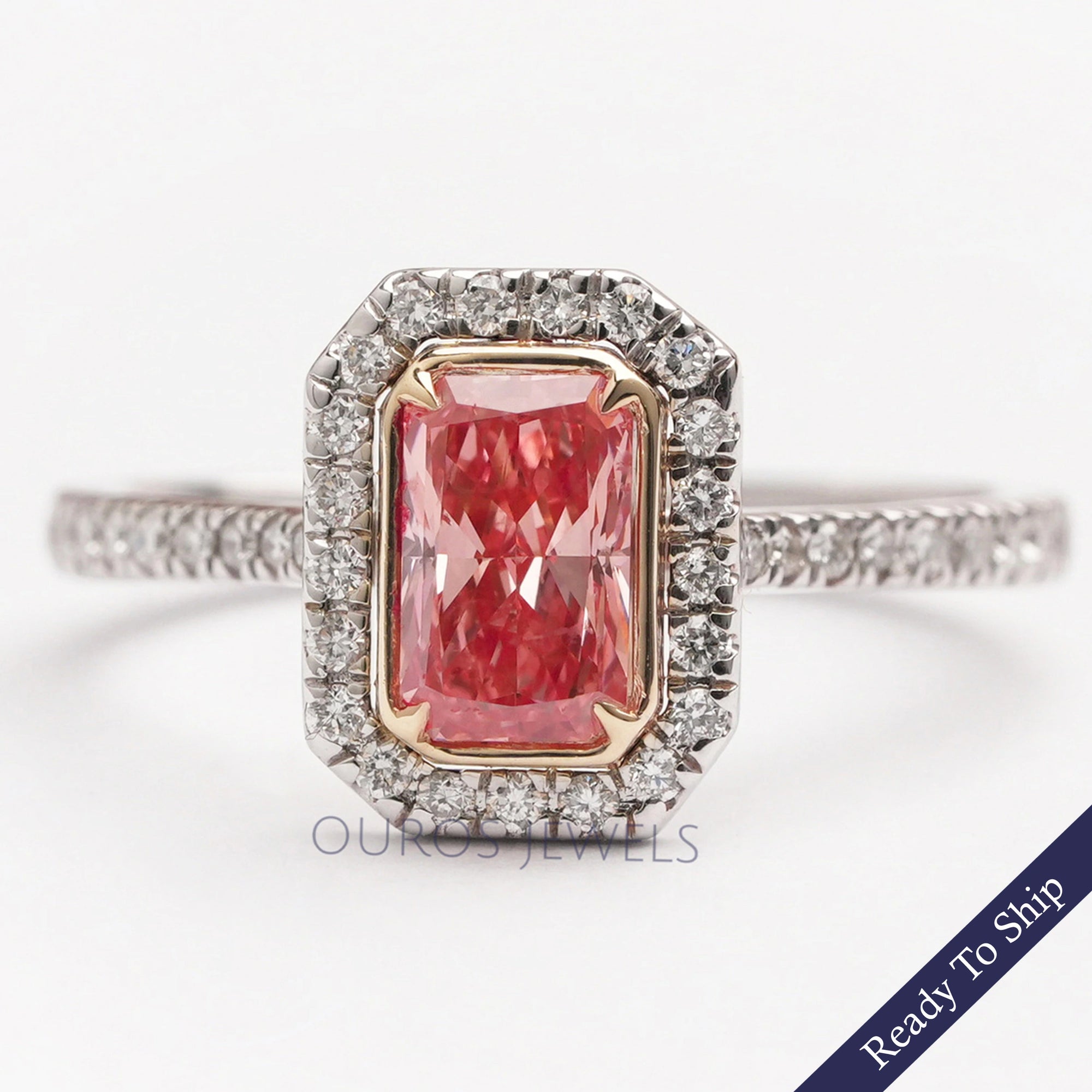 Fancy Pink Radiant Cut Halo With Accent Engagement Ring Ring