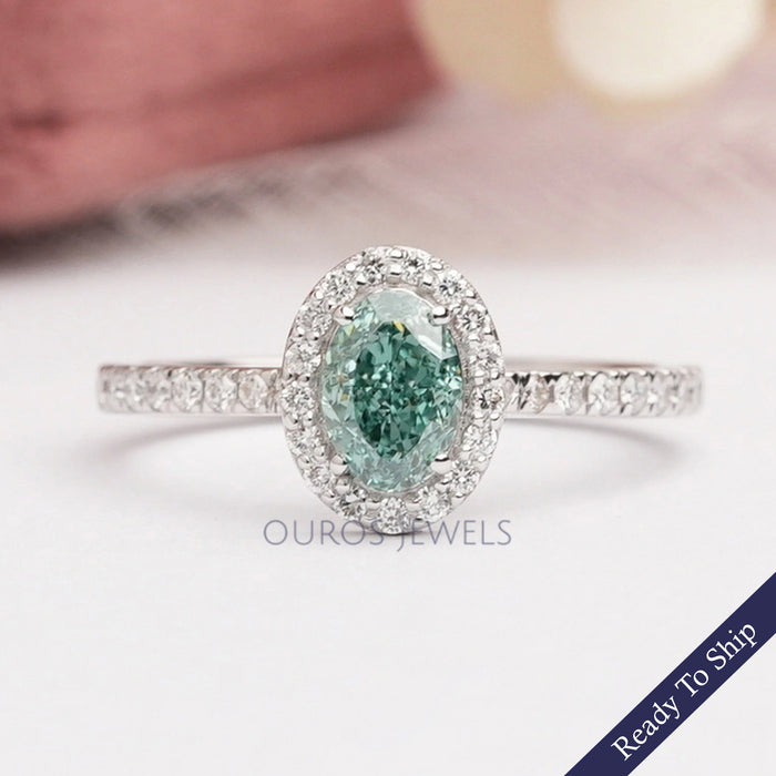 Fancy Vivid Green Oval Cut Lab Diamond Halo Accent Ring