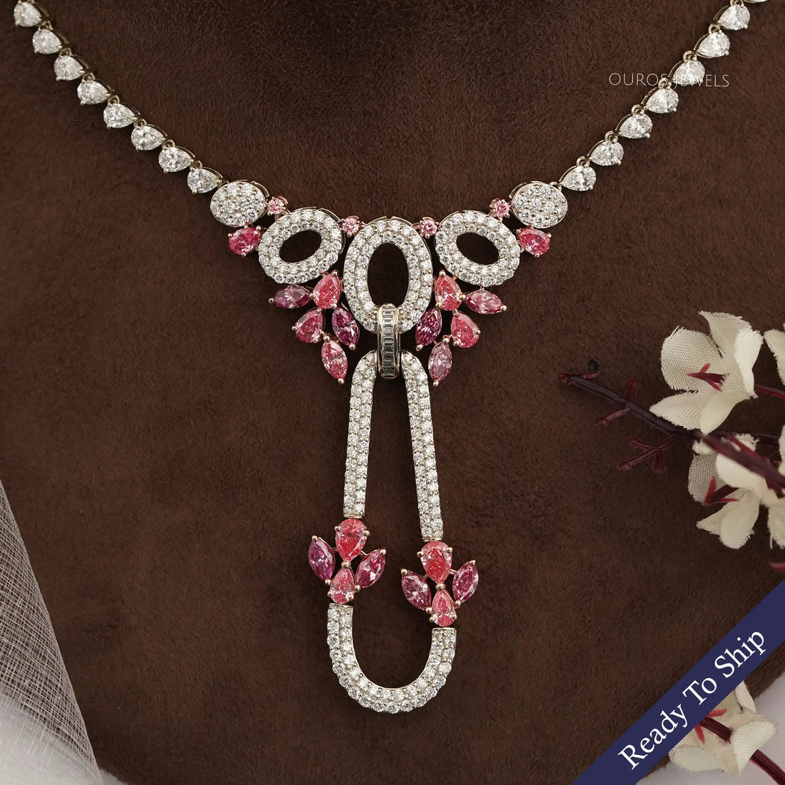 Pink Pear And Marquise Diamond Cluster Bridal Necklace Necklaces