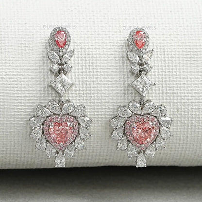 Pink Heart Cut Double Halo Drop Dangle Earrings Earrings