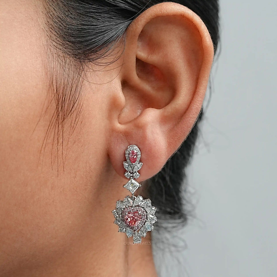 Pink Heart Lab Diamond Double Halo Drop Earrings Earrings