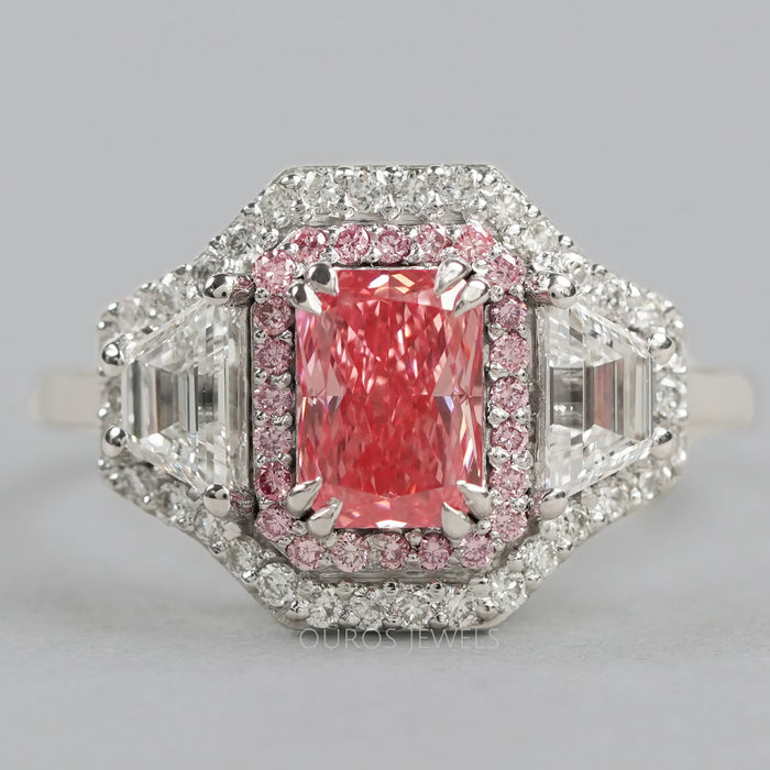 pink radiant and trapezoid cut diamond halo engagement ring's front view