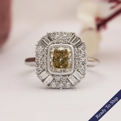Yellow Cushion Cut Lab Diamond Bezel Set Cluster Ring Ring
