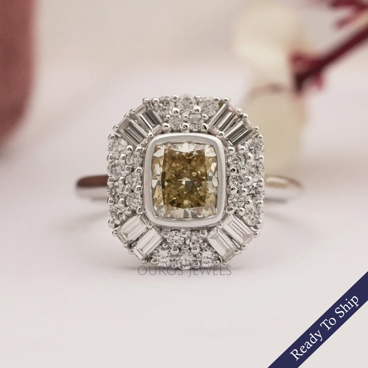 Yellow Cushion Cut Lab Diamond Bezel Set Cluster Ring Ring