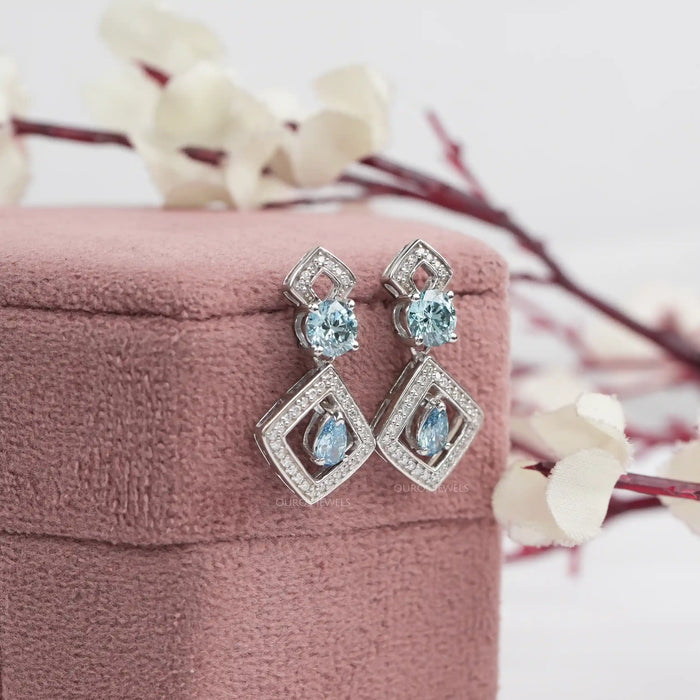 Blue Pear And Round Lab Diamond Drop Earrings