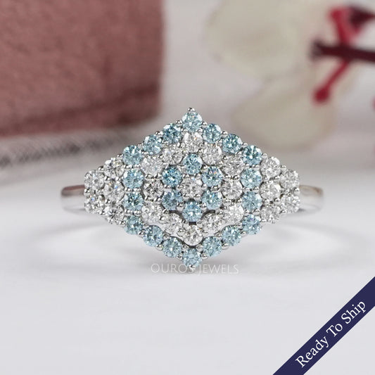 Blue Round Cut Lab Grown Diamond Cluster Set Ring Ring