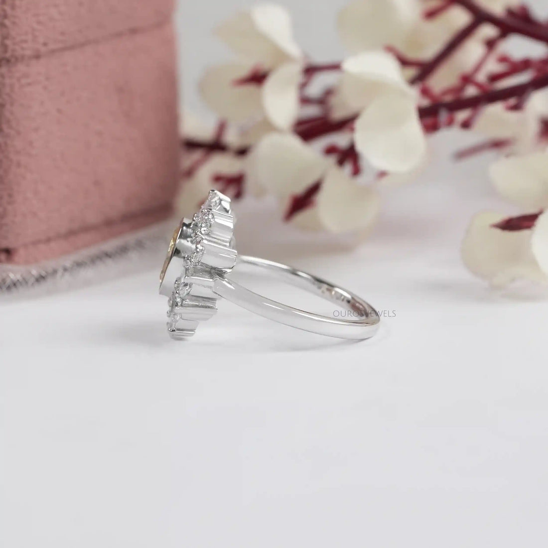 Yellow Oval Cut Bezel Set Lab Diamond Halo Ring Ring
