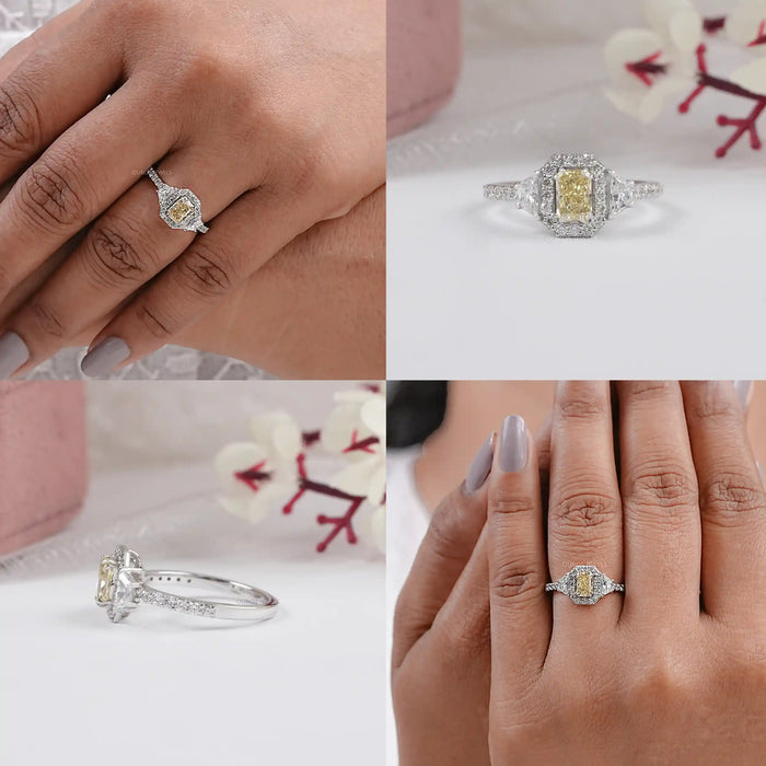 Yellow Radiant Cut Lab Diamond Halo Accent Ring