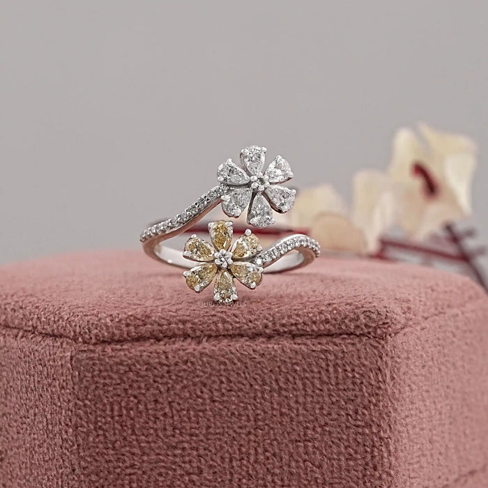 Yellow Pear Shape Lab Diamond Flower Style Bypass Ring