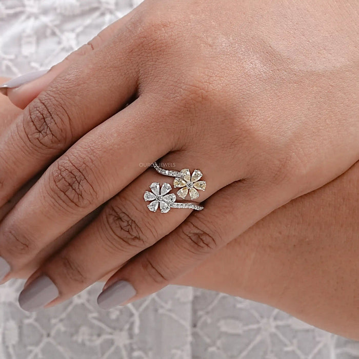 Yellow Pear Shape Lab Diamond Flower Style Bypass Ring