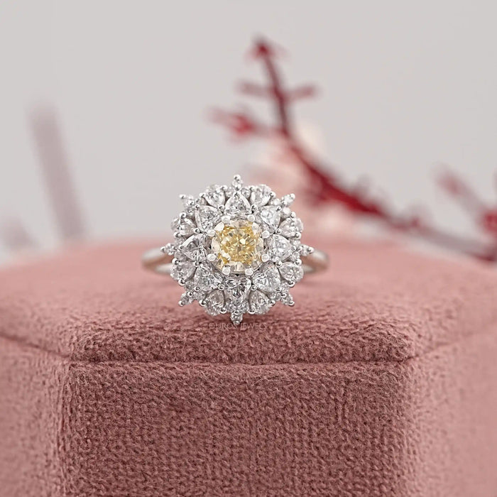 Yellow Cushion Cut Lab Diamond Sunburst Cluster Set Halo Ring