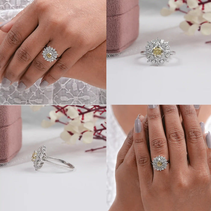 Yellow Cushion Cut Lab Diamond Sunburst Cluster Set Halo Ring